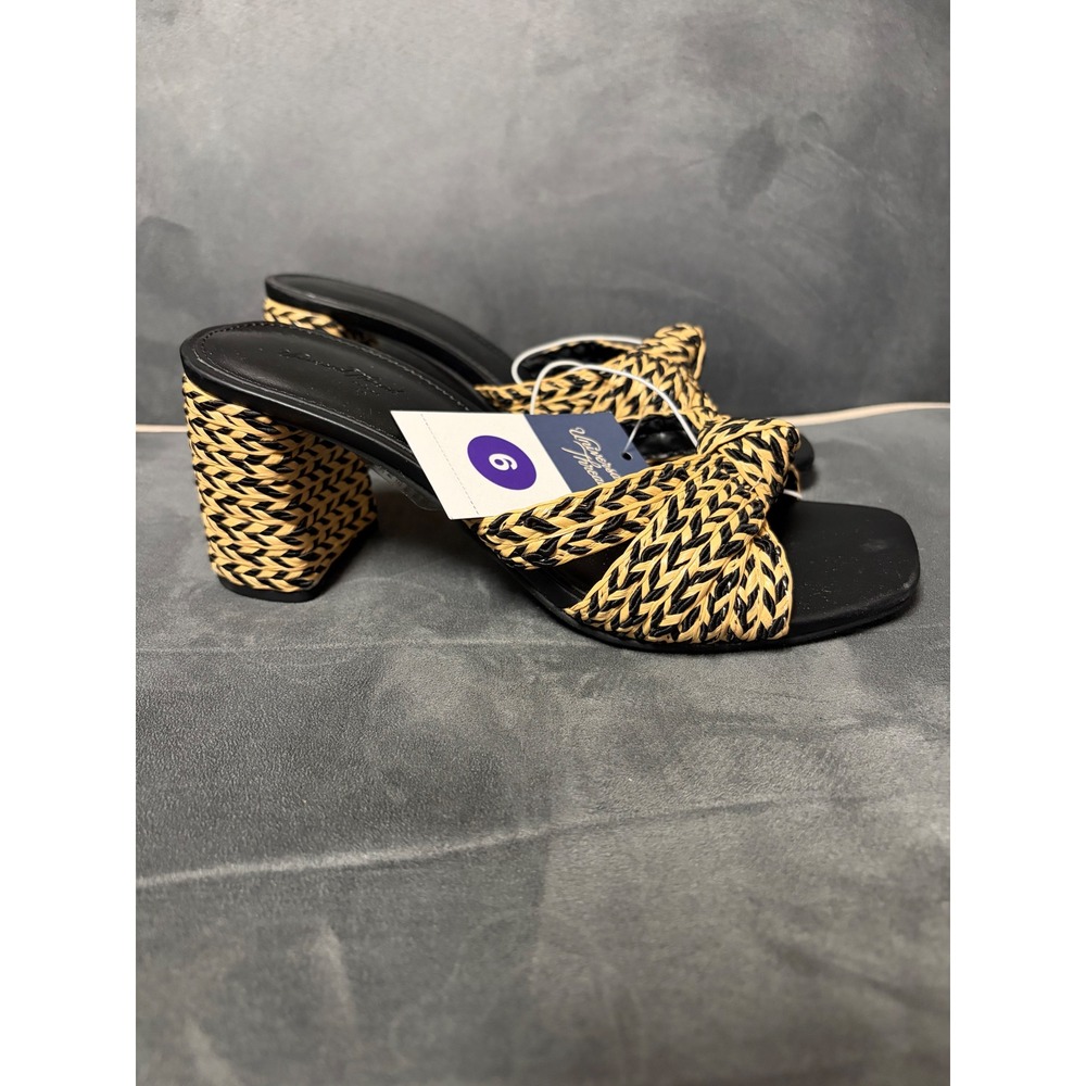 Universal Thread Aaliyah Woven Block Heel Sandals Black Tan Knotted Mules size 6
